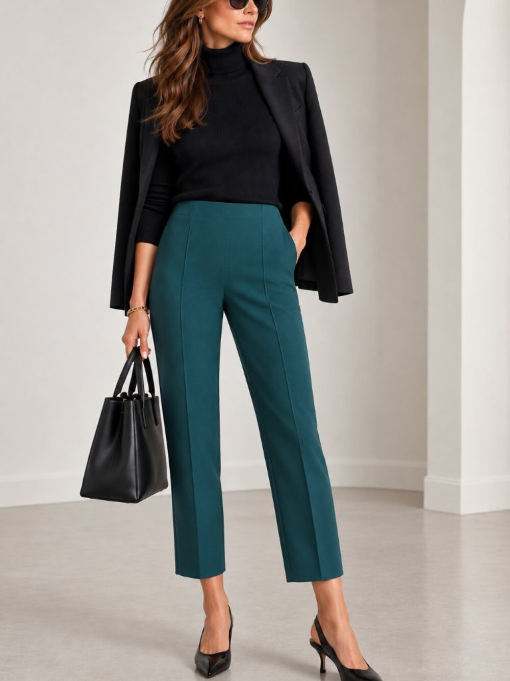 Akris Teal Cotton Stretch Cropped Slim Trousers Pants